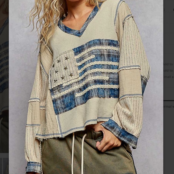 POL Star Studded Flag Color Block Reverse Stitch Long Sleeve Top - Picture 2 of 5